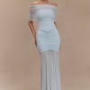Caspian Slinky And Mesh Off Shoulder Maxi Dress - Pale Blue