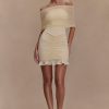 Caspian Slinky And Mesh Off Shoulder Mini Dress - Ivory