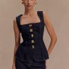 Neve Sleeveless Buttoned Denim Top - Washed Indigo Blue