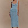 Teagan Floral Hand Crochet Midi Dress - Blue