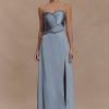 Larissa Satin Maxi Dress With Ruched Petals - Frosted Blue