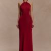Elyna Slinky Halter Maxi Dress - Deep Red