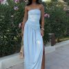 Bex Strapless Slinky Maxi Dress With Split - Pale Blue